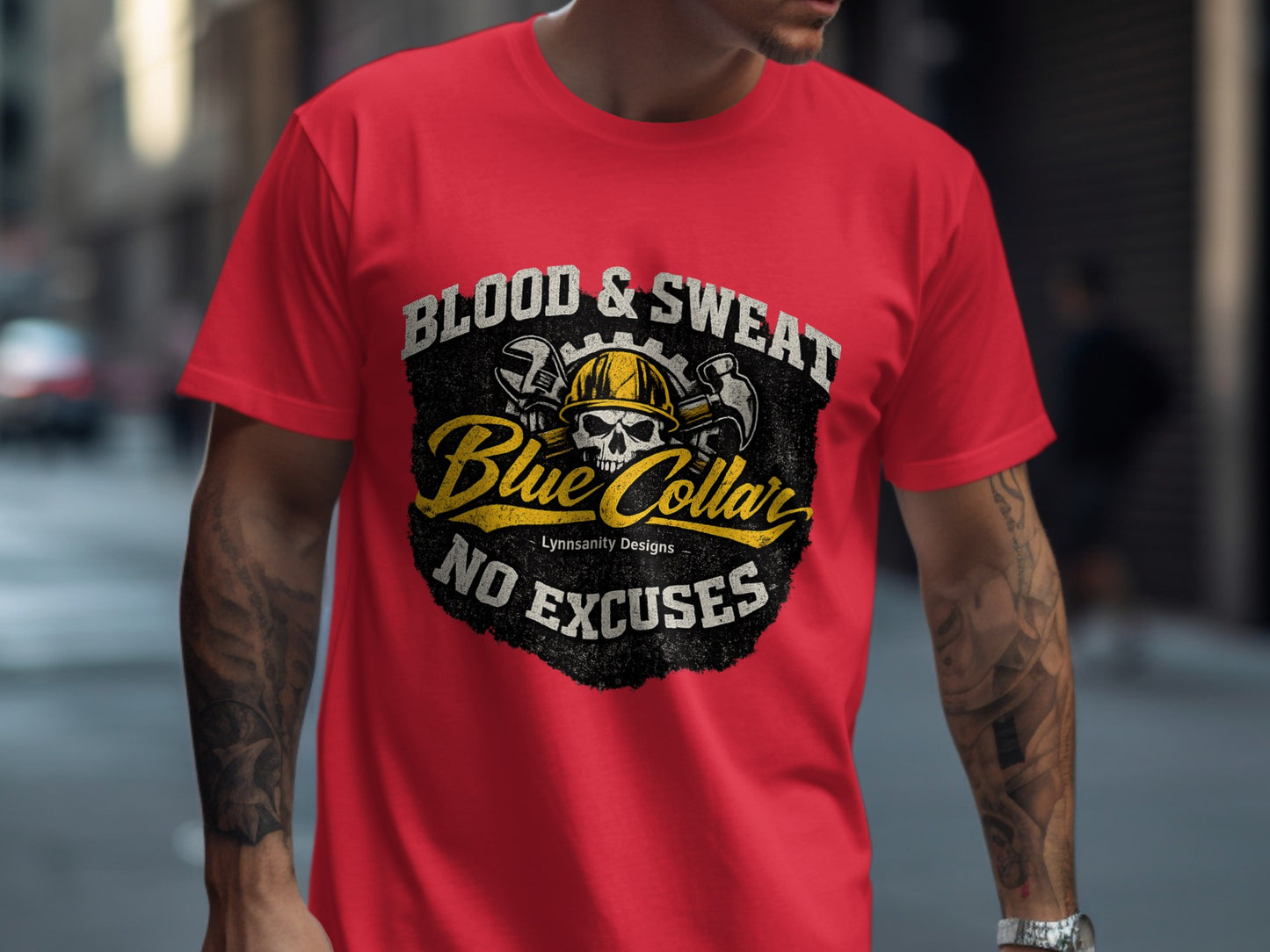 Red t-shirt with "Blood & Sweat No Excuses" graphic featuring a skull and tools.