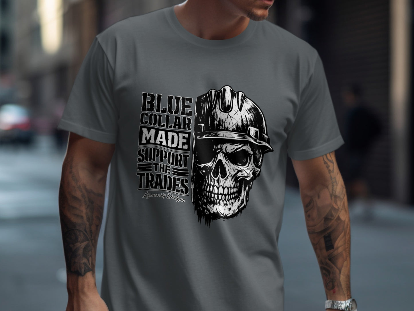 Gray t-shirt with skull and hard hat graphic and text "Blue Collar Made Support The Trades".