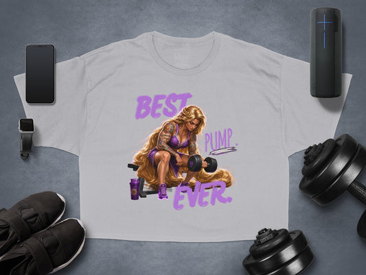 Woman with long blonde hair lifting weights on bench, text "BEST PUMP. EVER."