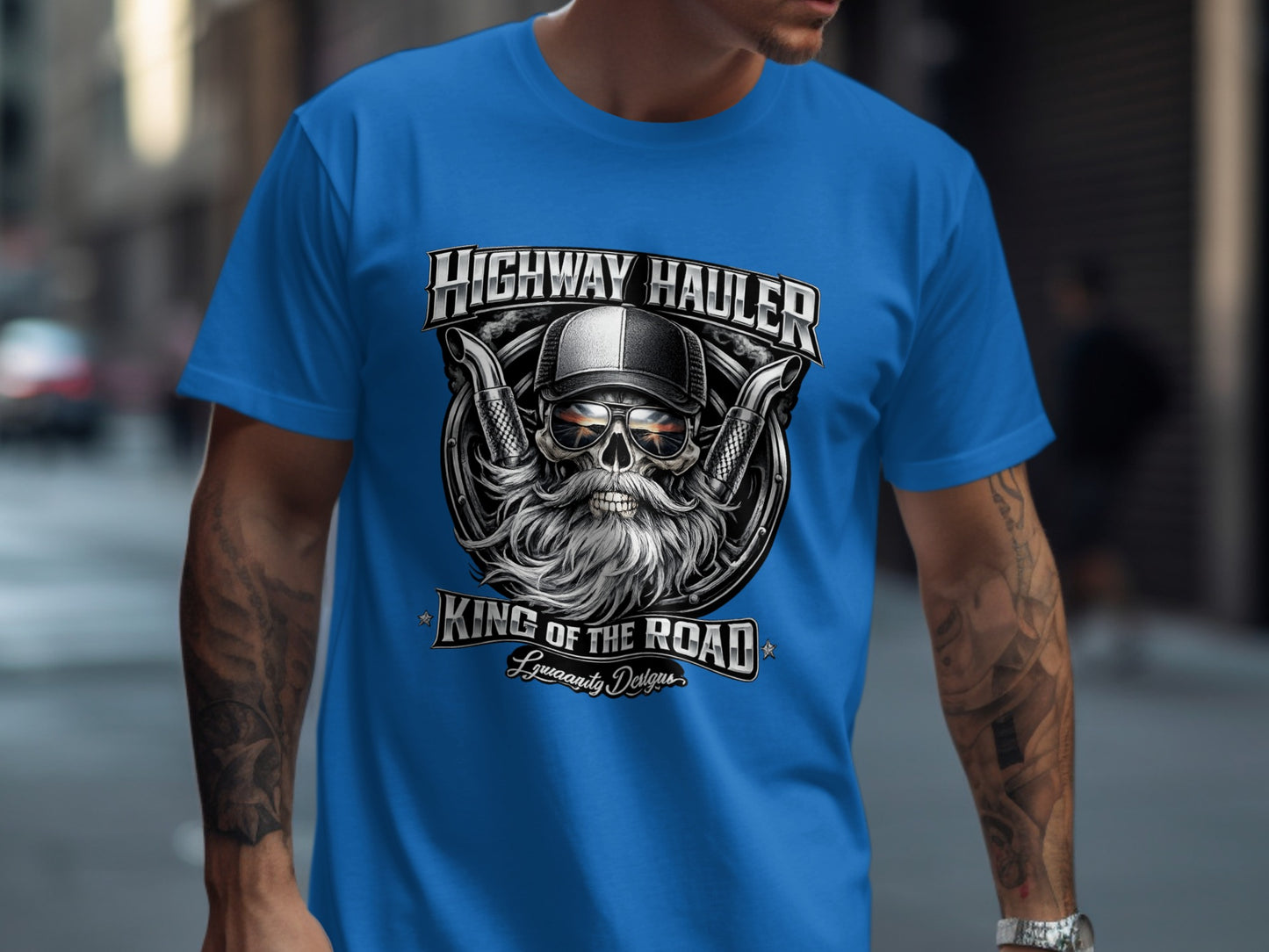 Blue t-shirt with "Highway Hauler King of the Road" graphic featuring a skull with beard.