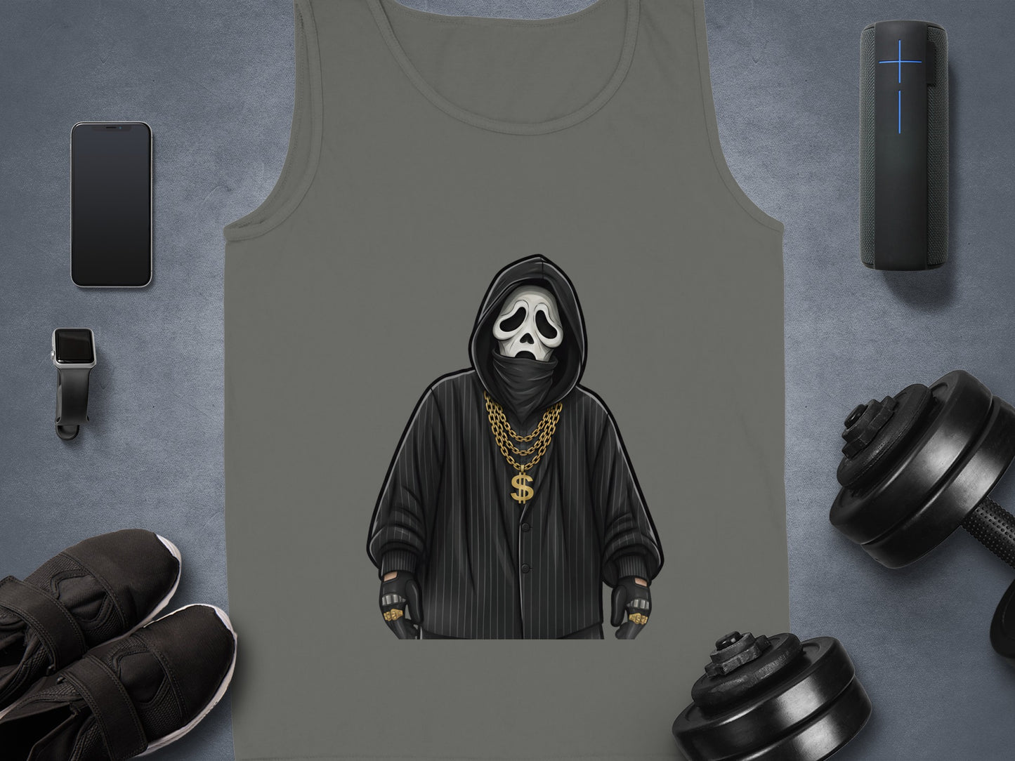Ghostface wearing a gold chain on a black tank top.