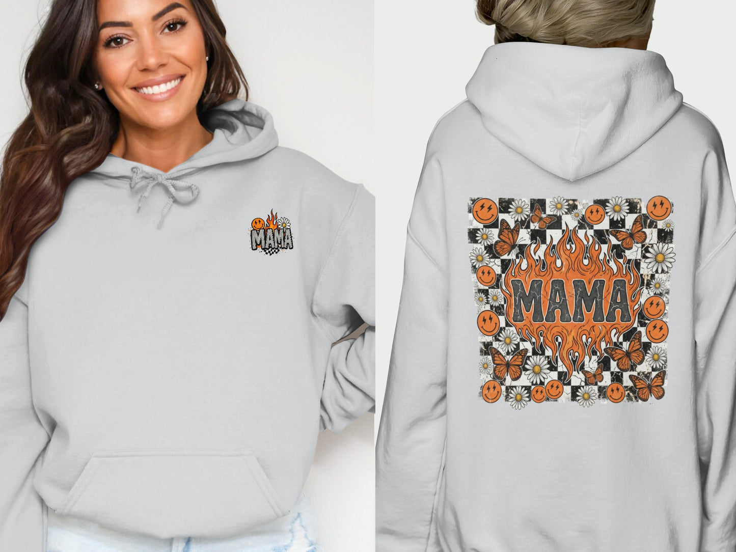 Light gray hoodie with "Mama" in flames on the back, surrounded by butterflies and flowers.