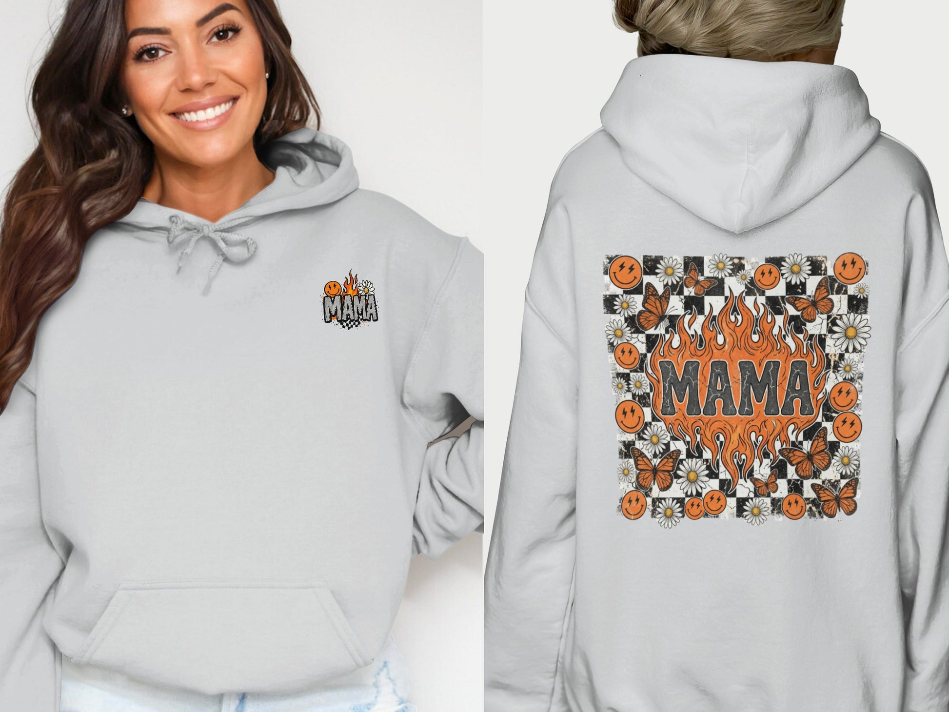 Light gray hoodie with "Mama" in flames on the back, surrounded by butterflies and flowers.