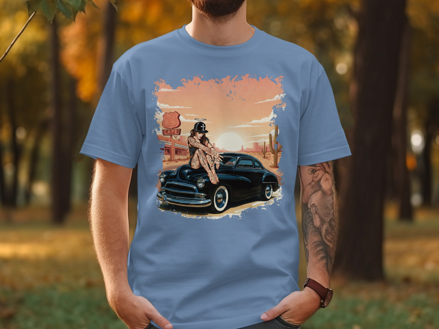 Tattooed woman on classic car with Route 66 sign and desert landscape.