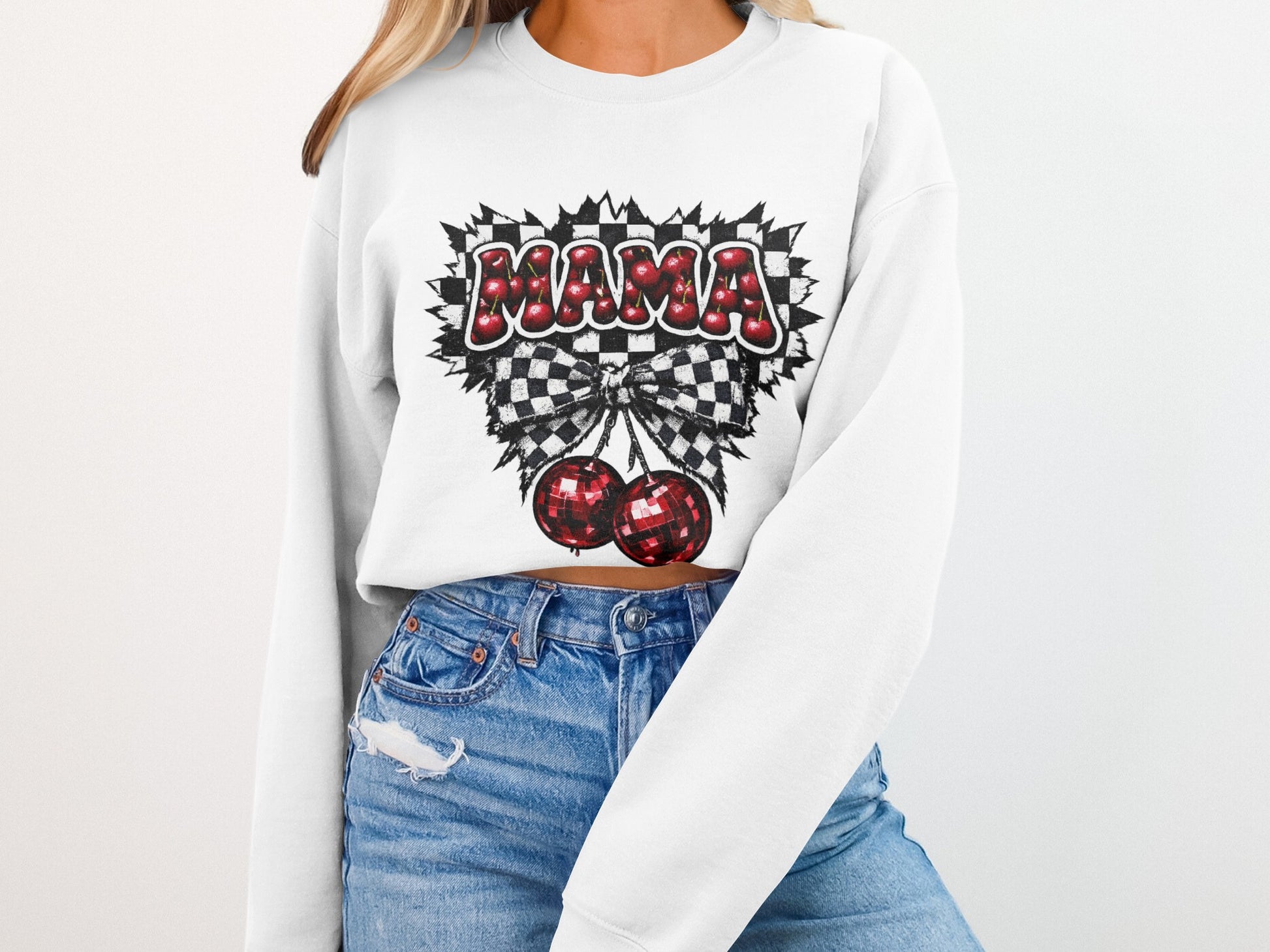 Crewneck sweatshirt with "MAMA" text, checkered pattern, and two red cherries.