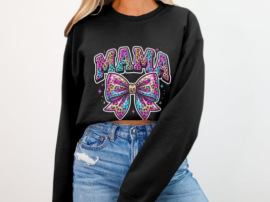 Black sweatshirt with colorful leopard print bow and "MAMA" text.