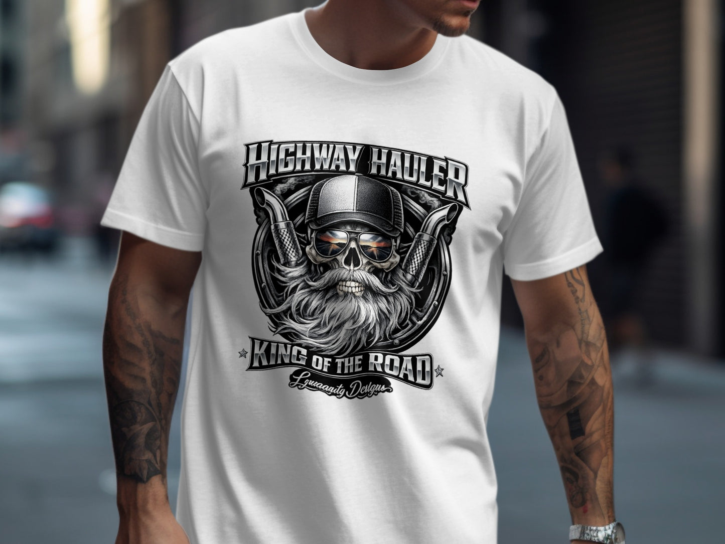 White t-shirt with "Highway Hauler King of the Road" graphic.