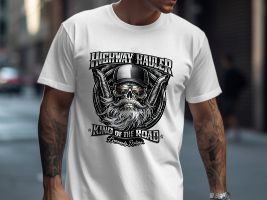 White t-shirt with "Highway Hauler King of the Road" graphic.