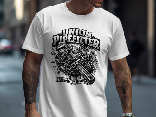 White t-shirt with "Union Pipefitter" text and chained pipe wrench graphic.
