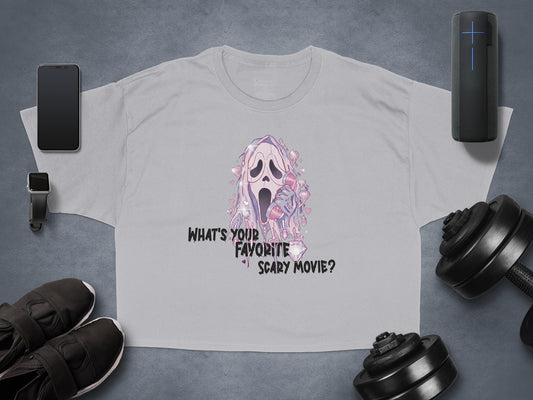 Gray t-shirt with ghost graphic and "What's Your Favorite Scary Movie?" text.