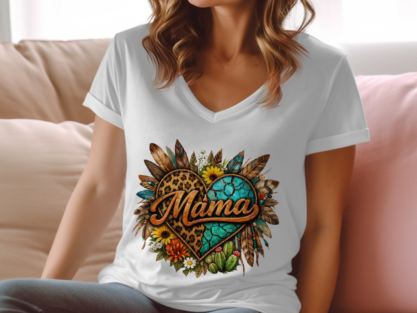 Heart graphic with "Mama" text, feathers, flowers, and cacti.