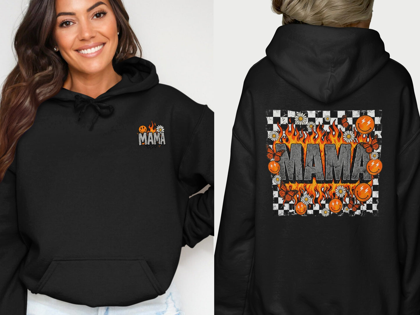 Black hoodie with "MAMA" text and flames on the front and back.