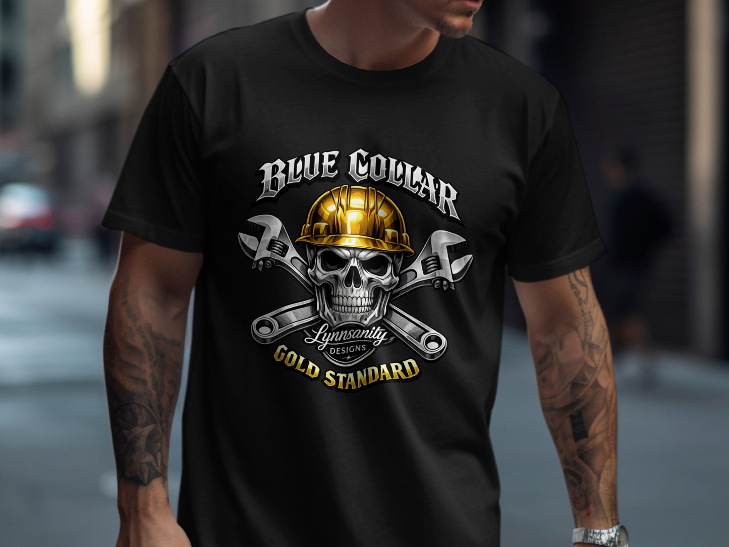 Black t-shirt with gold hard hat skull, wrenches, and "Blue Collar Gold Standard" text.