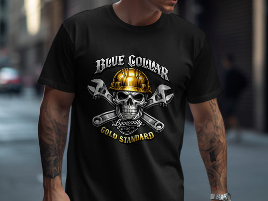 Black t-shirt with gold hard hat skull, wrenches, and "Blue Collar Gold Standard" text.