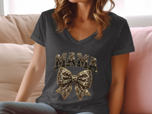 Dark gray v-neck t-shirt with "MAMA" and a sparkly leopard print bow.