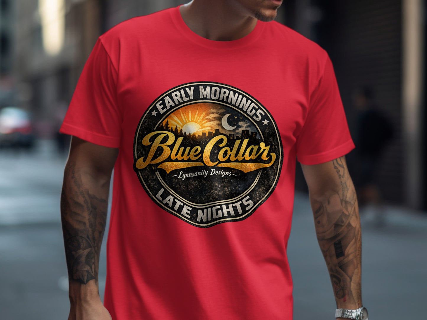 Red t-shirt featuring "Blue Collar Late Nights" circular logo with sun and moon.