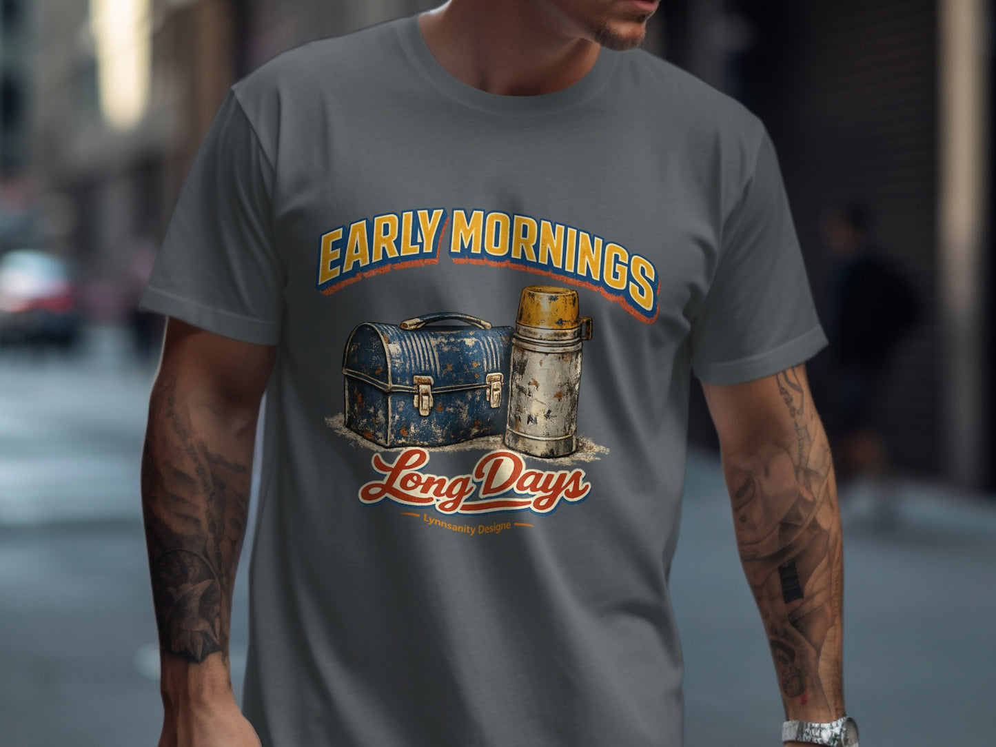 T-shirt with vintage lunchbox and thermos, "Early Mornings Long Days" text.