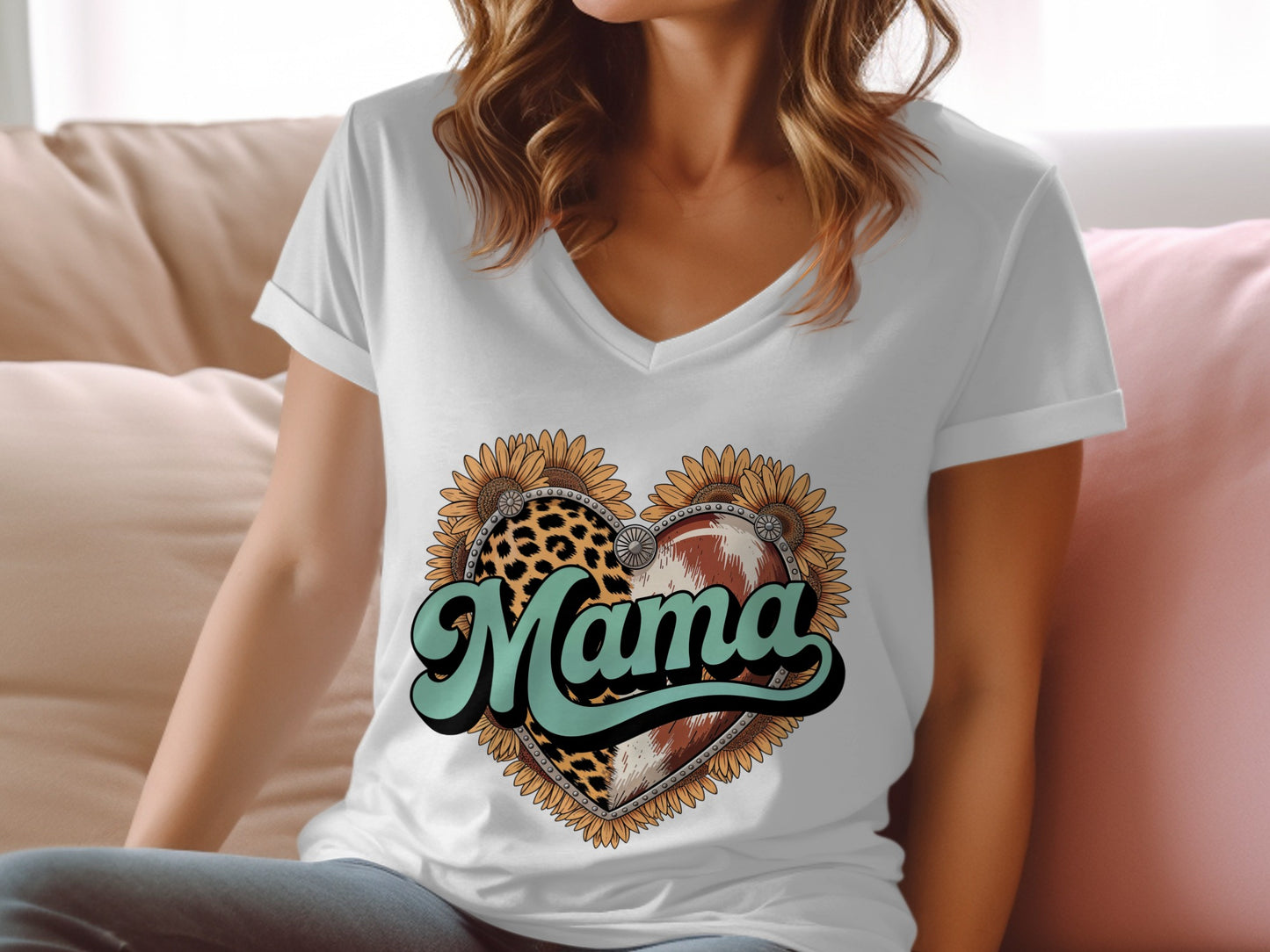 White v-neck t-shirt with "Mama" graphic featuring sunflowers and leopard print.