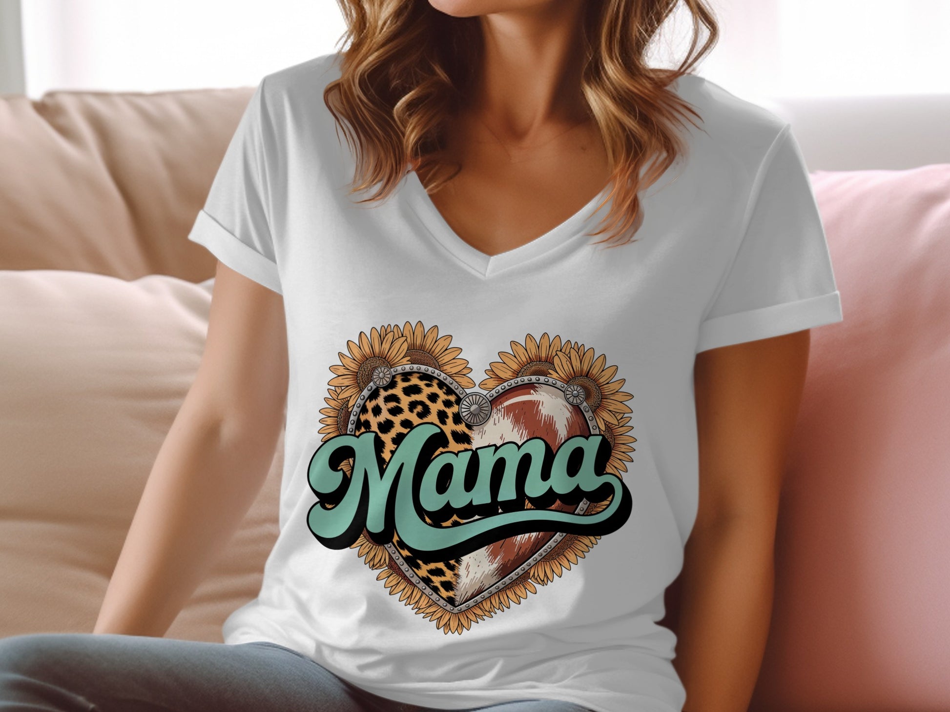 White v-neck t-shirt with "Mama" graphic featuring sunflowers and leopard print.