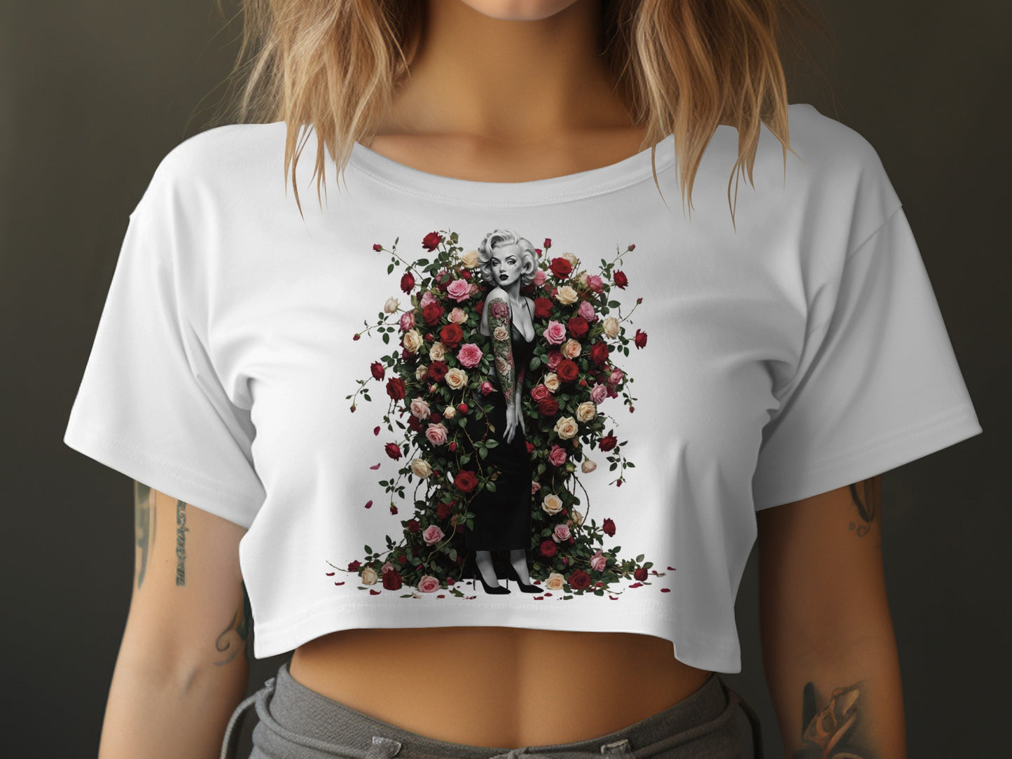 Marilyn Monroe in a floral arrangement on a white crop top.