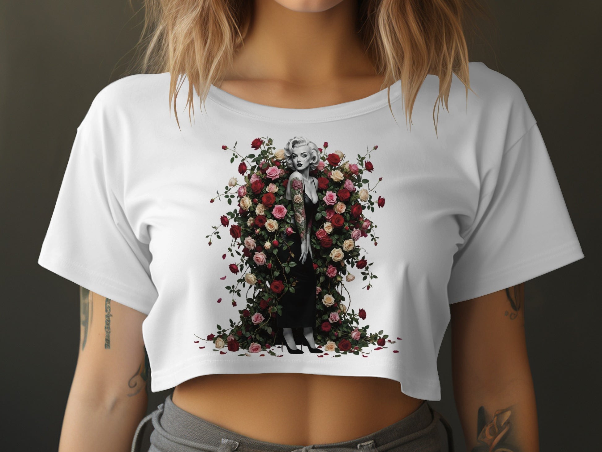 Marilyn Monroe in a floral arrangement on a white crop top.