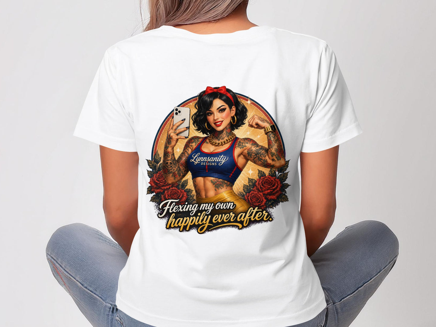 Woman in white t-shirt with tattoo art of a muscular Snow White flexing, holding a phone.