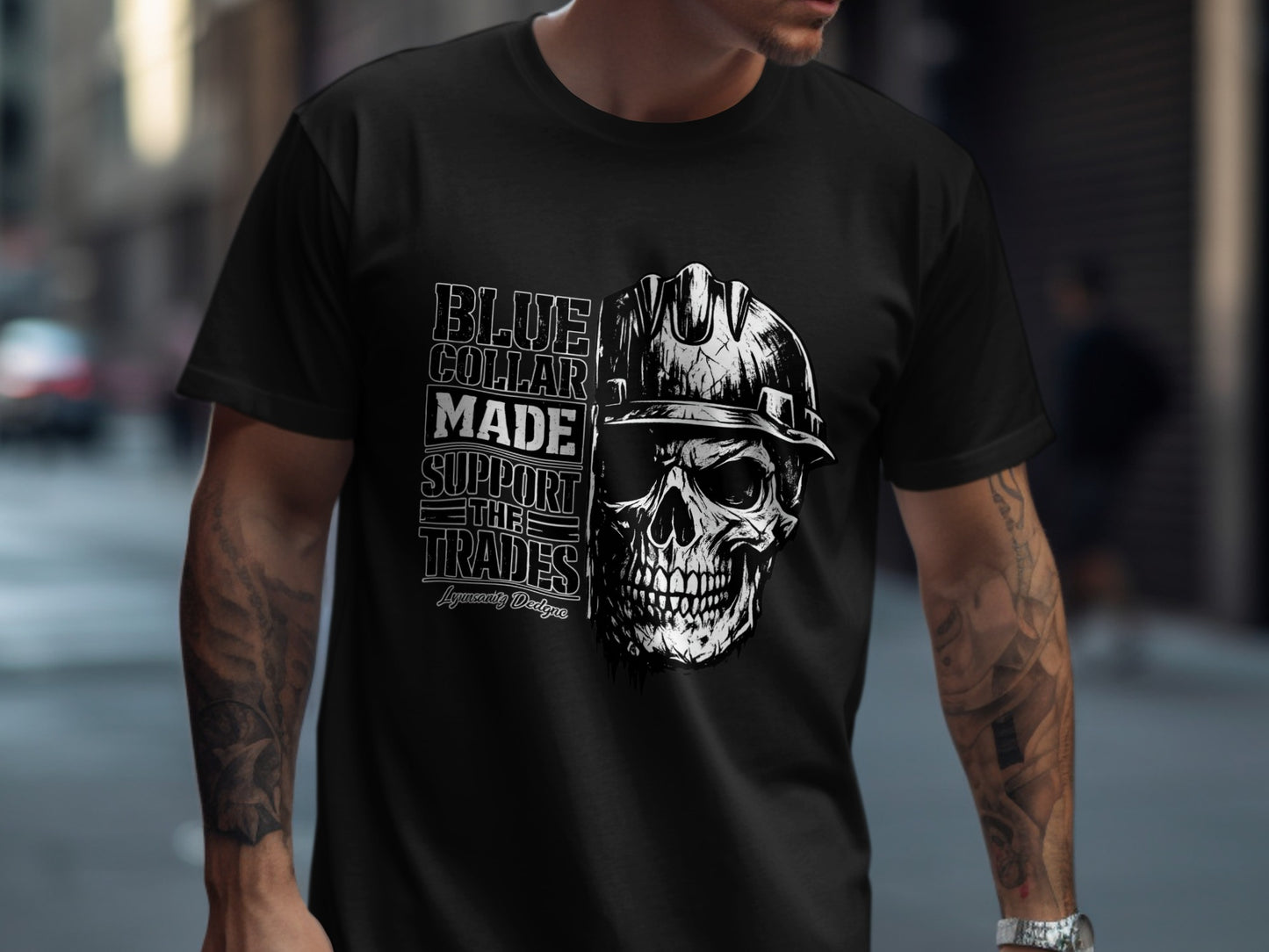 Black t-shirt with skull wearing hard hat and "Blue Collar Made To Support The Trades" text.