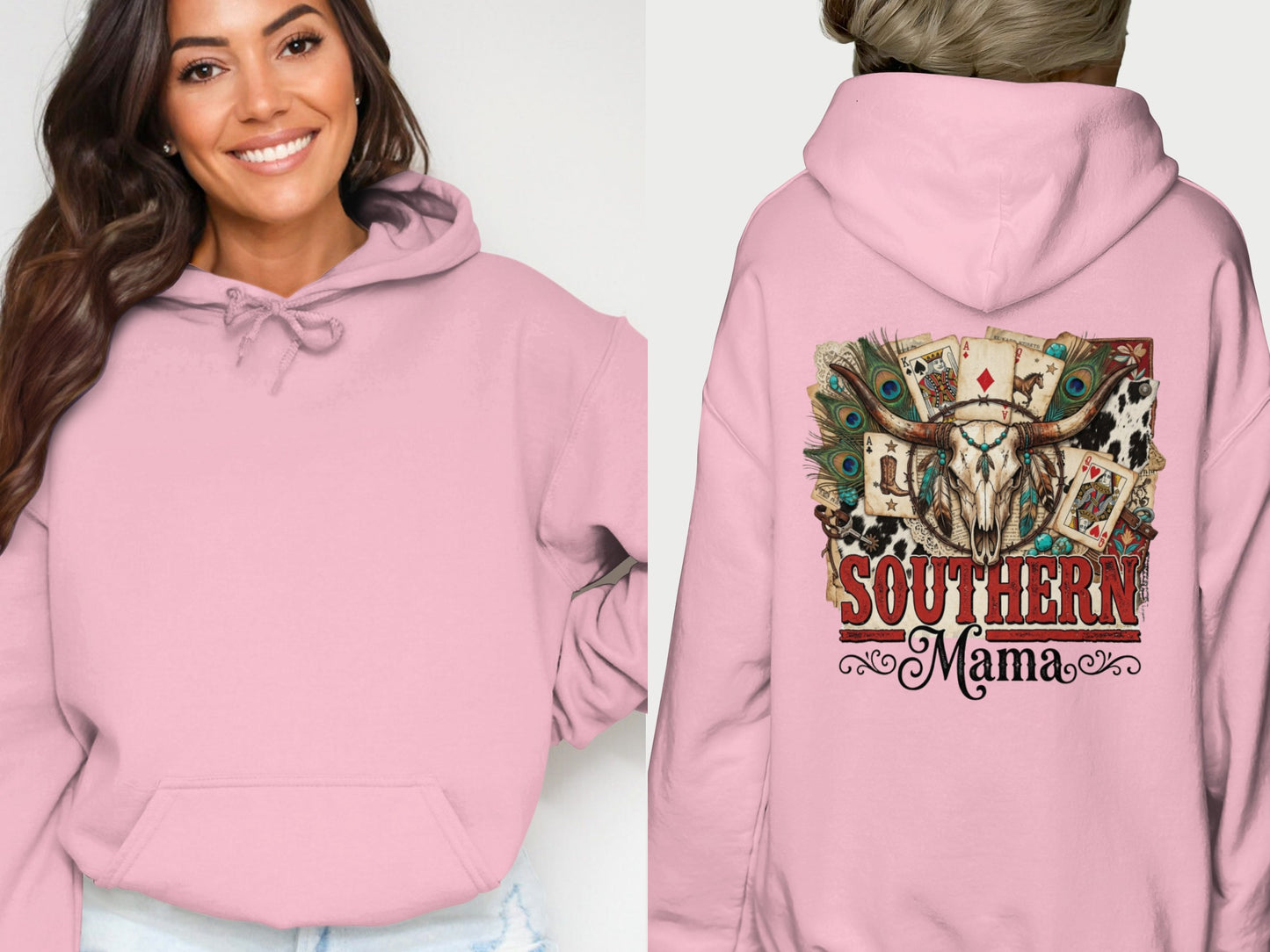 Pink hoodie with skull, feathers, playing cards, and "Southern Mama" text.