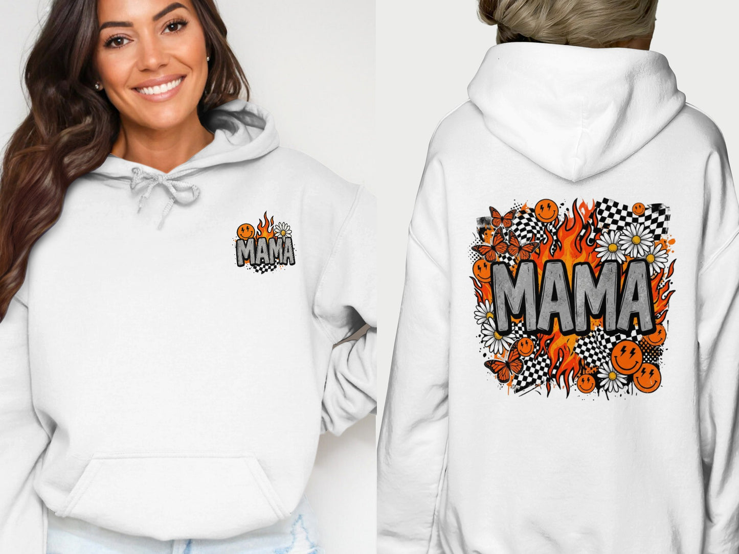 White hoodie with "MAMA" graphic featuring flames, checkerboard, and smiley faces.