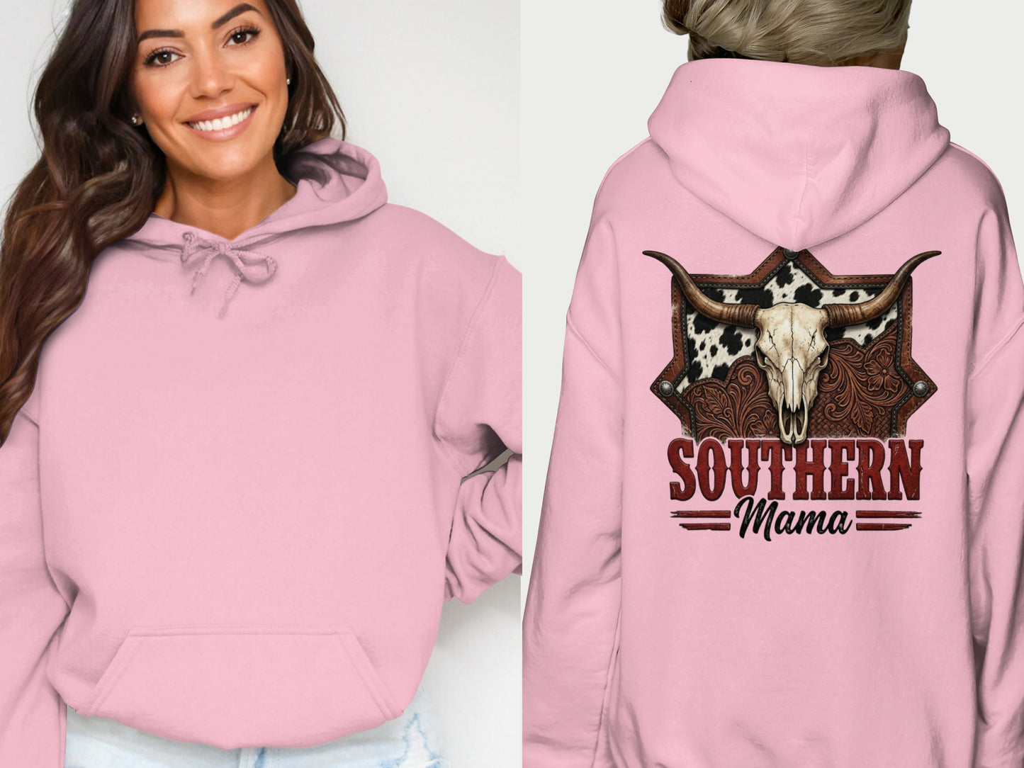 Pink hoodie with cow skull and "Southern Mama" graphic on back.