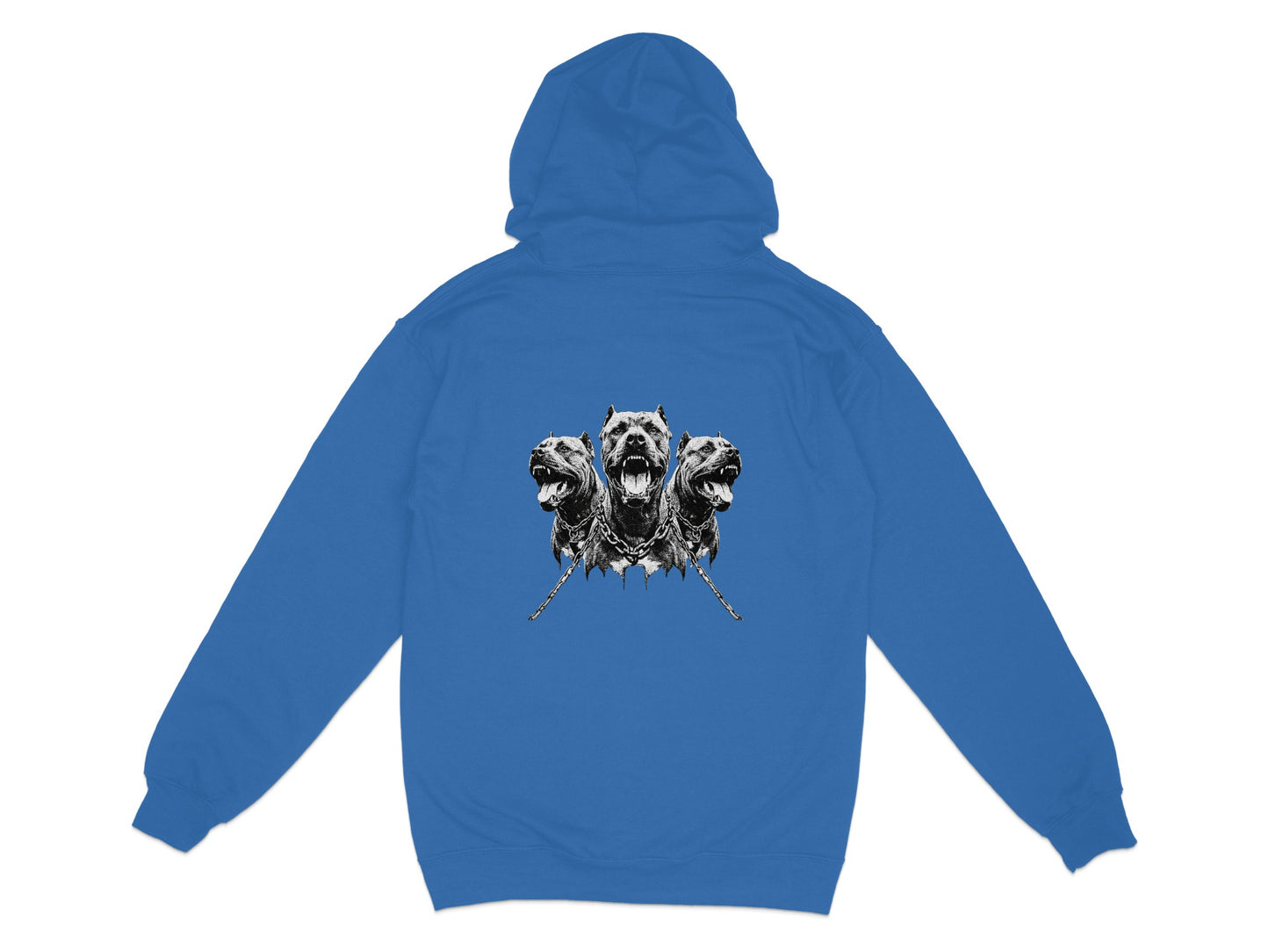 Blue hoodie with a graphic of three snarling dogs' heads on chains.