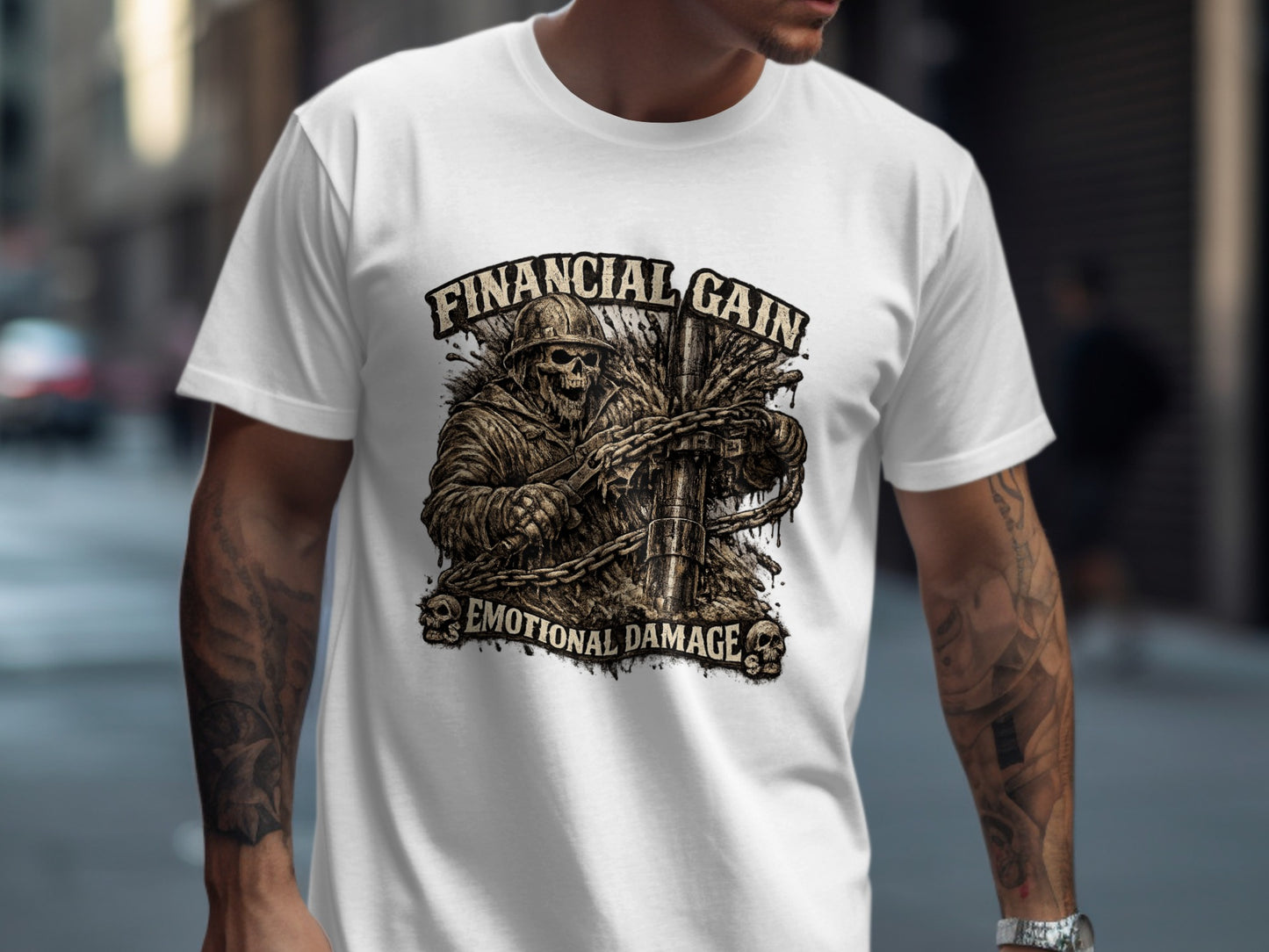 T-shirt with skull soldier graphic, chains, and text "FINANCIAL GAIN EMOTIONAL DAMAGE."