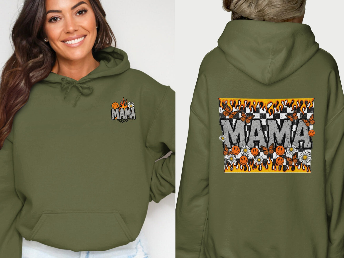 Green hoodie with "MAMA" text and checkered, flame, and flower graphic.