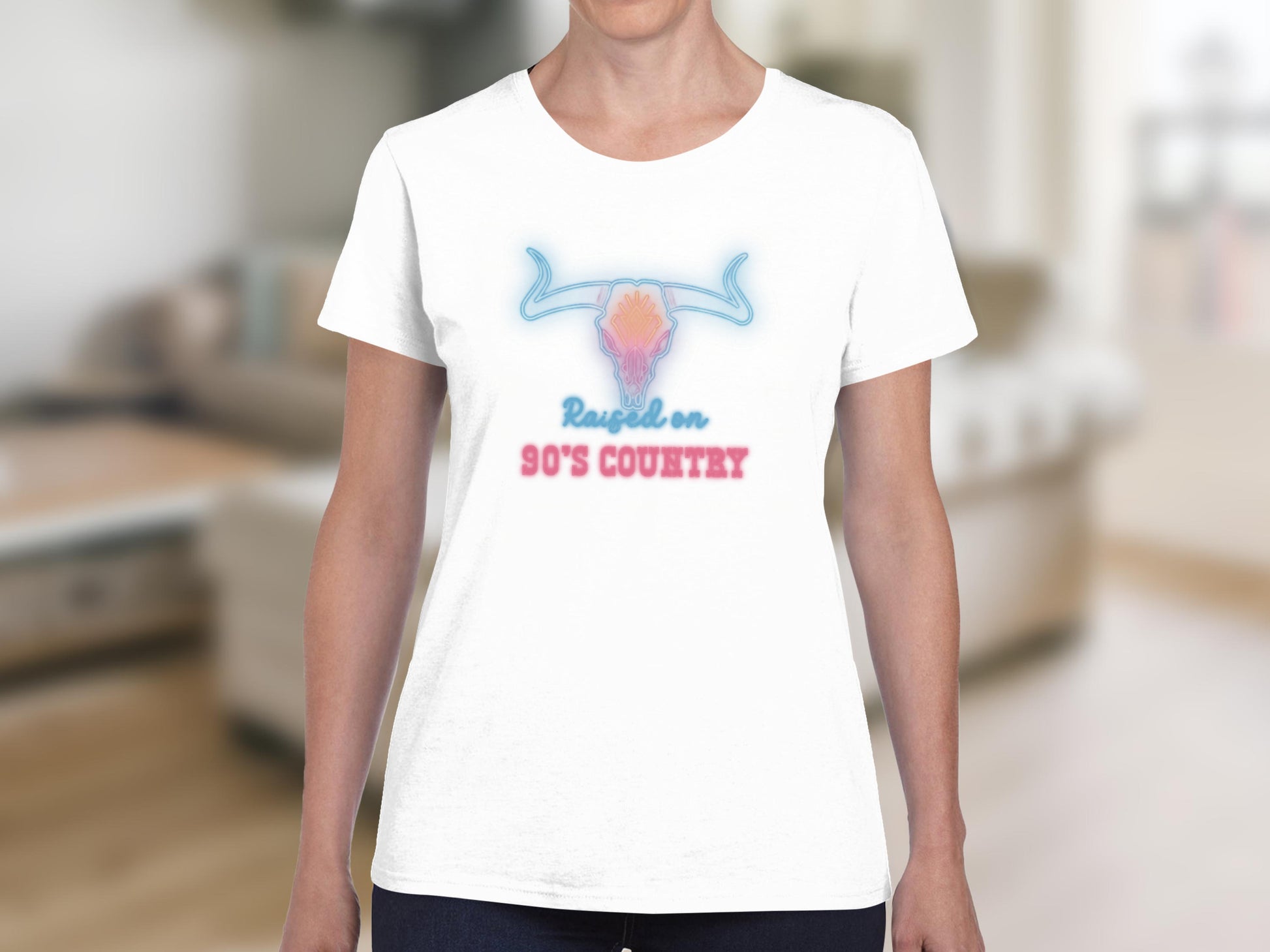 Raised on 90's Country Neon Bull Skull t-shirt