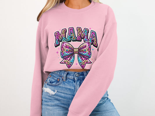 Pink sweatshirt with "MAMA" text above a colorful leopard print bow.