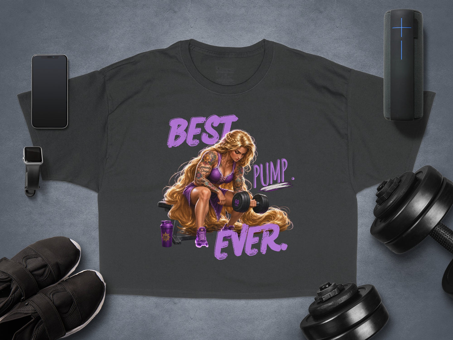 Woman with tattoos lifting weights, text "BEST PUMP EVER".
