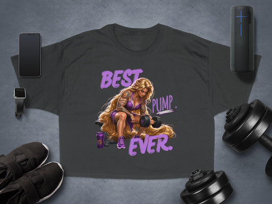 Woman with tattoos lifting weights, text "BEST PUMP EVER".