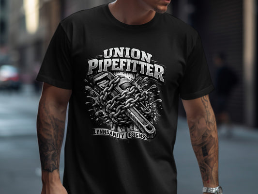 Pipefitter t-shirt with wrench, chains, and water splash design.