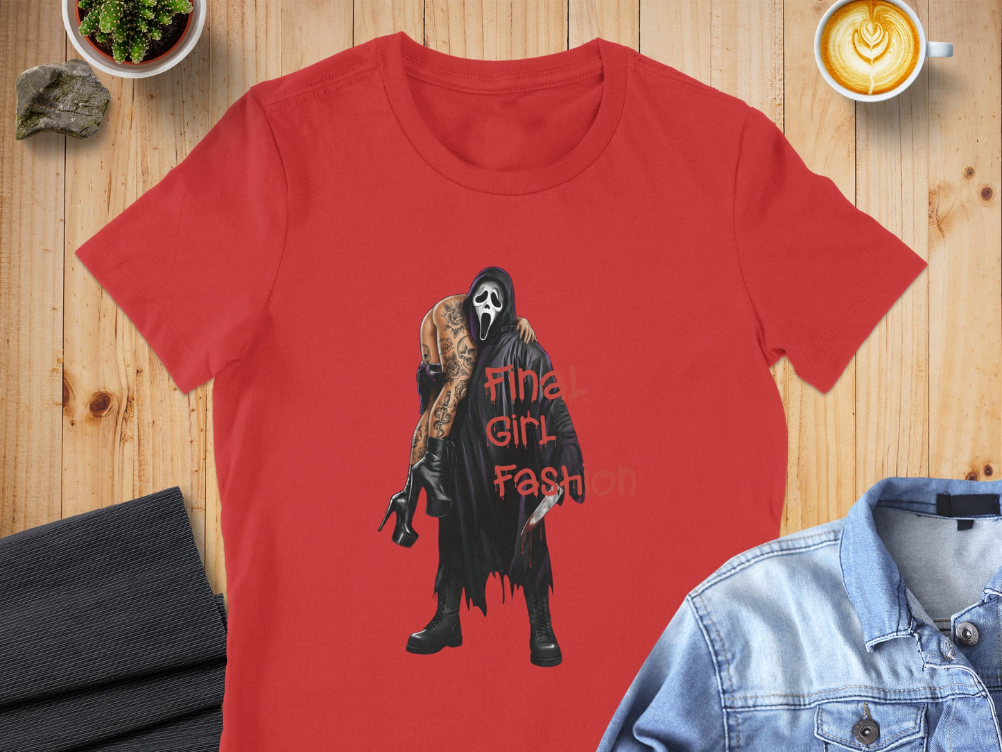 Red t-shirt featuring Ghostface holding a bloody knife and tattooed woman.
