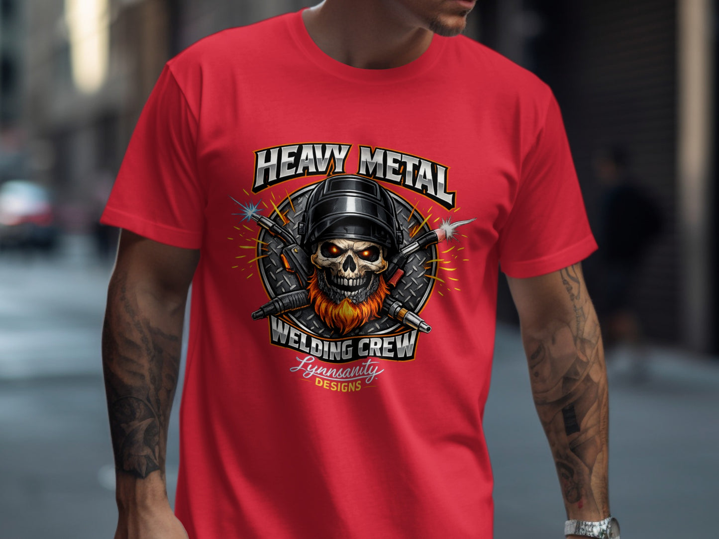 T-shirt with skull, welding torch, and "Heavy Metal Welding Crew" text.