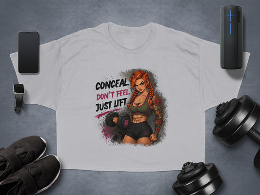 Grey cropped t-shirt with "CONCEAL DON'T JUST LIFT" and muscular woman illustration.