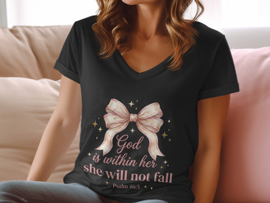 Black v-neck t-shirt with pink bow and "God is within her, she will not fall" text.