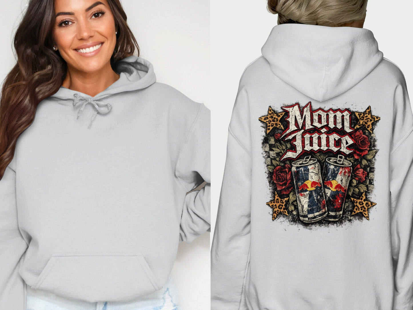 Gray hoodie with "Mom Juice" text and Red Bull cans graphic on back.