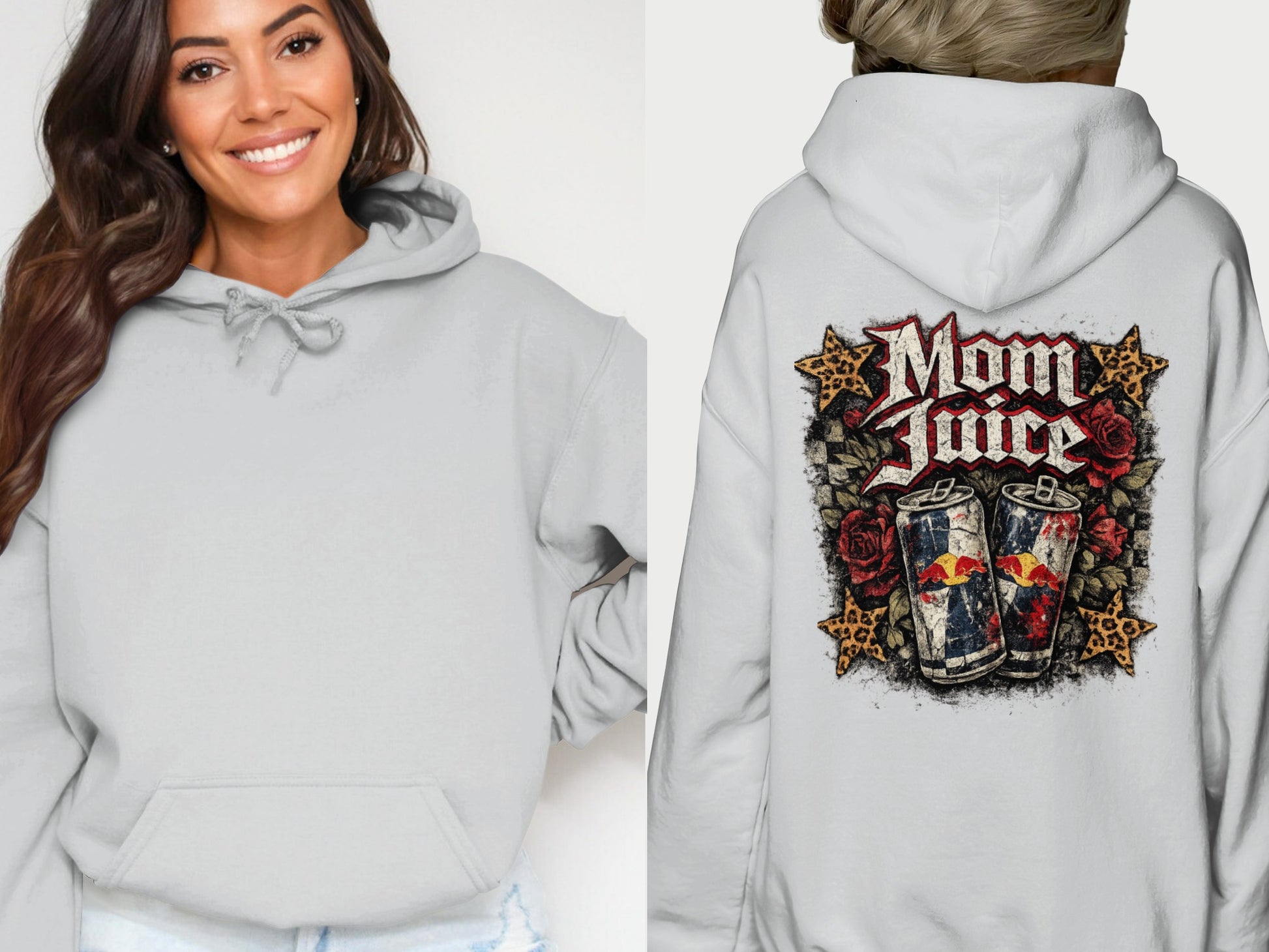 Gray hoodie with "Mom Juice" text and Red Bull cans graphic on back.