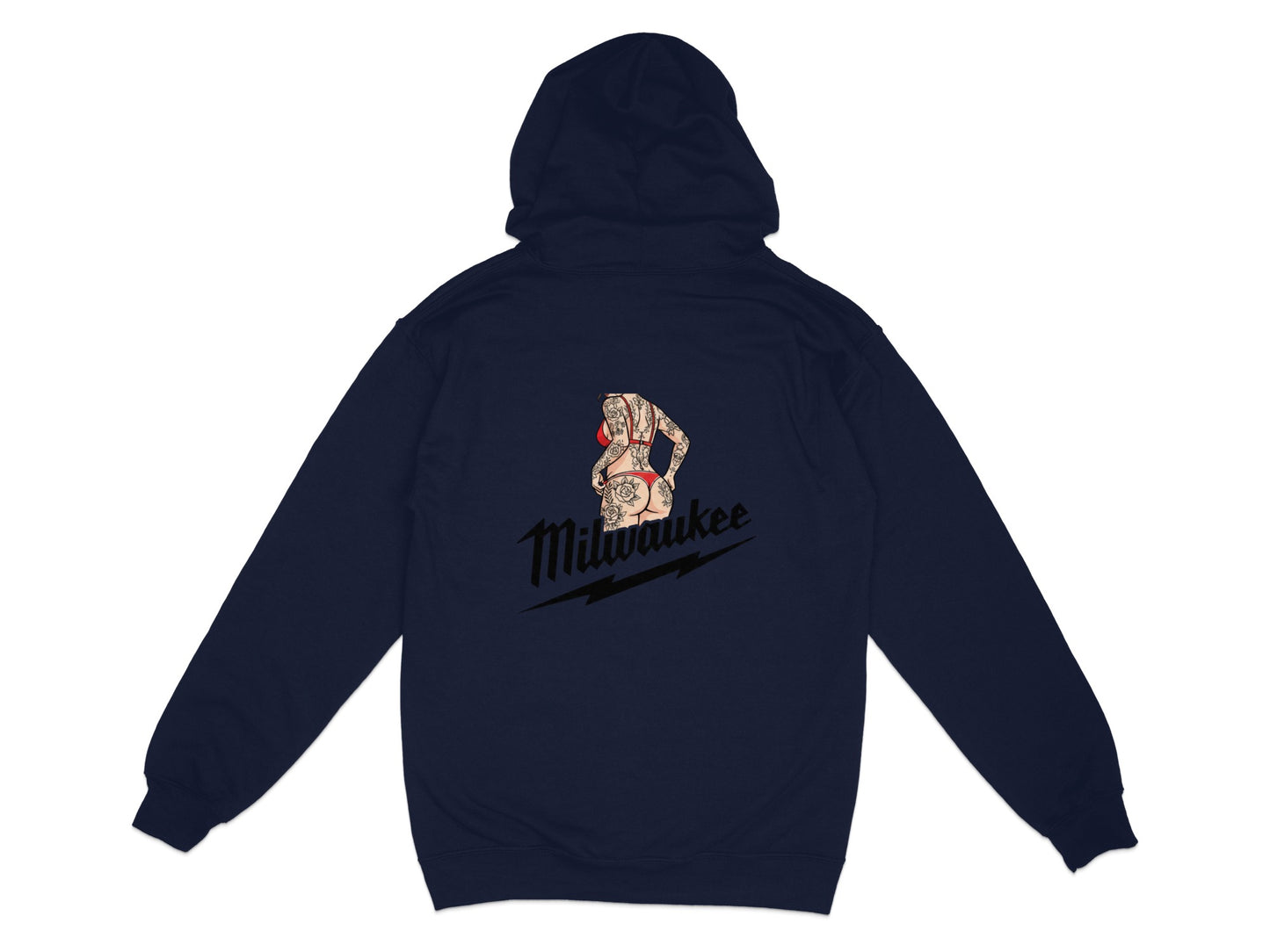 Navy hoodie with "Milwaukee" text and a tattooed woman graphic on the back.