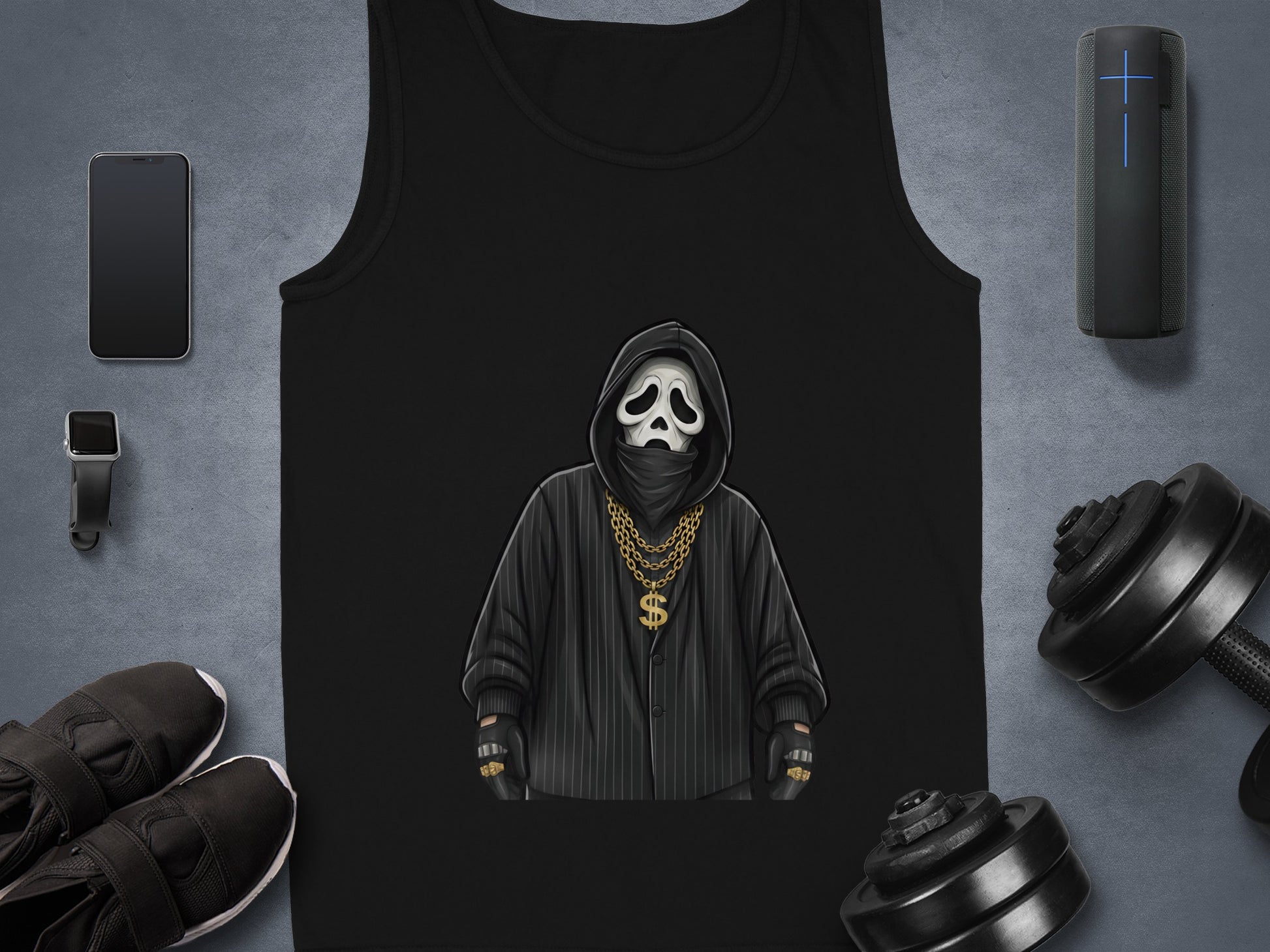Black tank top with Ghostface mask and gold chain, arranged with fitness items.