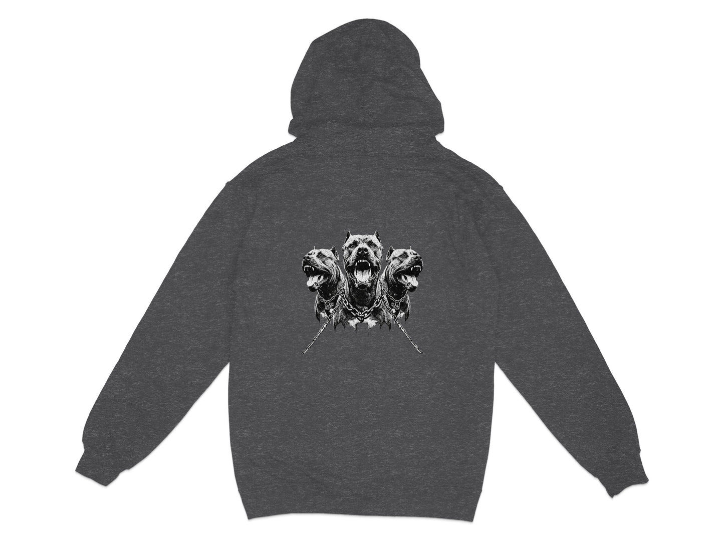 Dark gray hoodie with a three-headed dog graphic on the back.