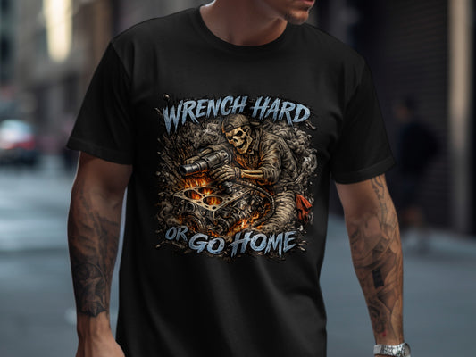 Skeleton mechanic working on engine, "Wrench Hard Or Go Home" text.