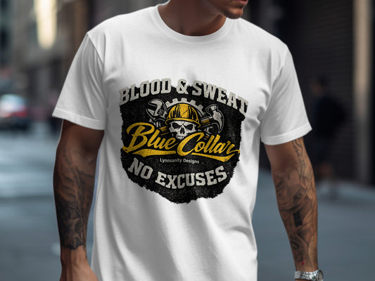 White t-shirt with "Blood & Sweat No Excuses" skull and tools graphic.