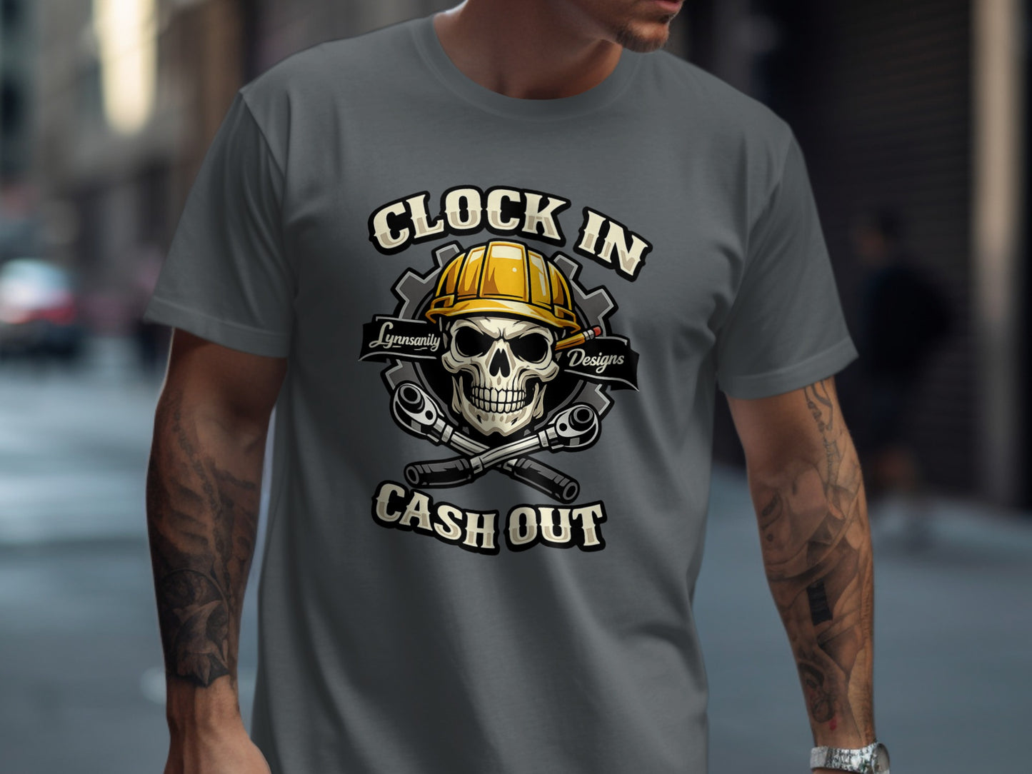 Skull wearing hard hat with wrenches, "Clock In Cash Out" text.